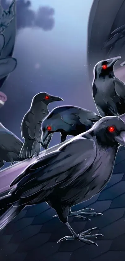 Crows with glowing red eyes perched on a gothic rooftop under a moody sky.