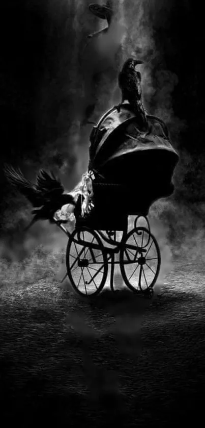 Gothic wallpaper featuring a crow on a vintage pram surrounded by mist.