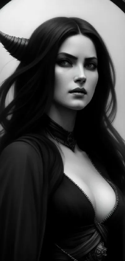 Gothic fantasy woman with horns in black and white portrait.