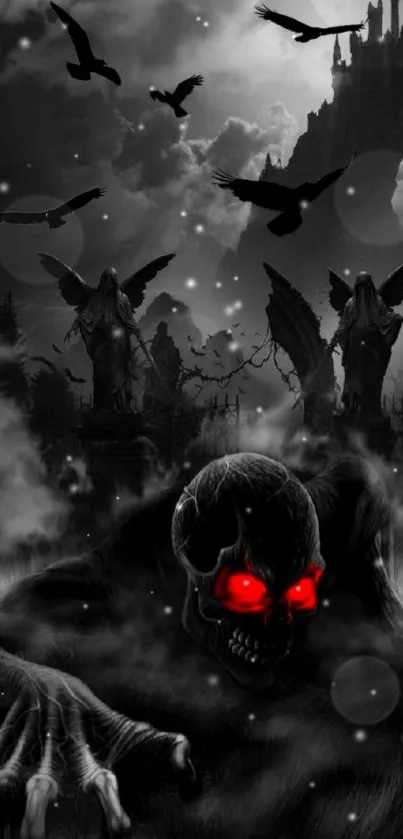 Gothic wallpaper with red-eyed skull and dark castle.