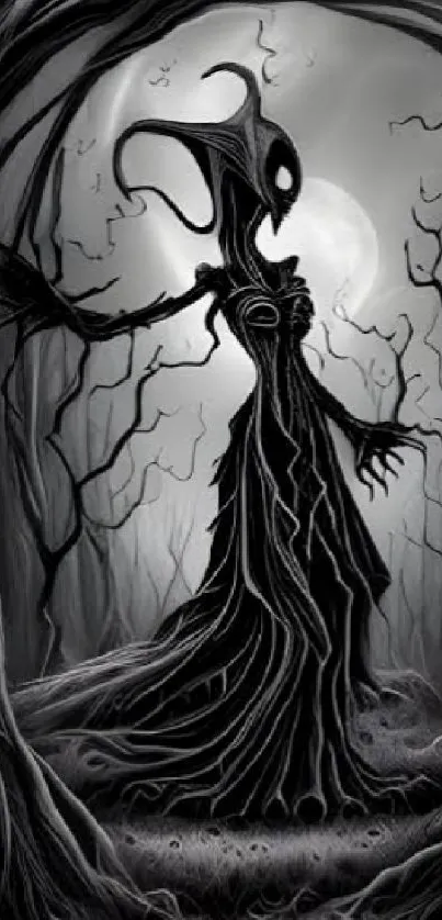 Dark gothic silhouette against a moonlit forest background.