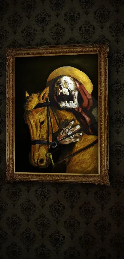 Gothic wallpaper featuring a skeleton rider painting in ornate frame.