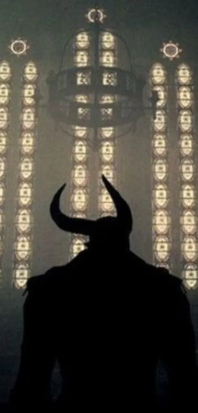 Silhouette of horned figure before gothic illuminated windows.