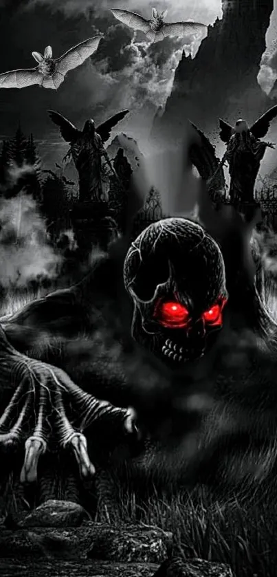 Dark gothic wallpaper with red-eyed skull.