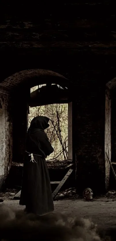 Gothic wallpaper with silhouette and arched windows.