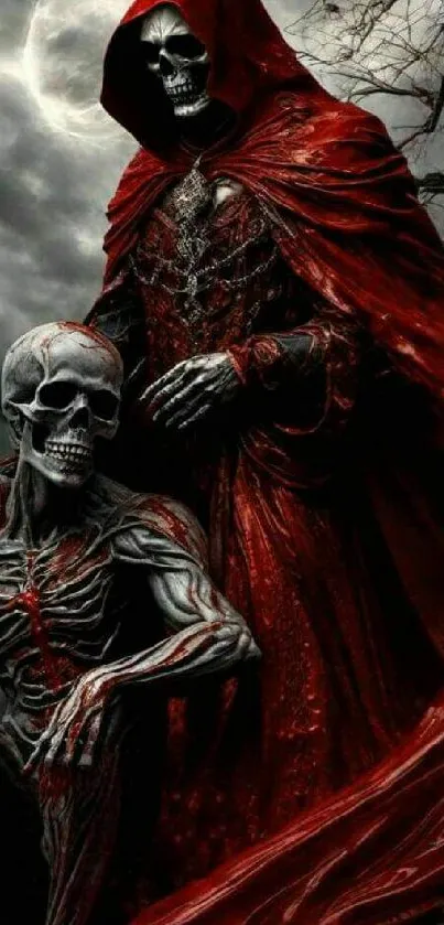 Gothic skeletons in red cloaks under a stormy sky.