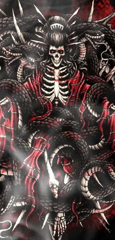 Dark gothic skeleton with snakes in red and black tones for mobile wallpaper.