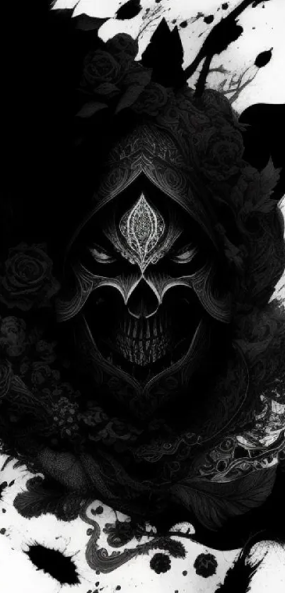 Intricate dark gothic skull with floral patterns and splatters on mobile wallpaper.