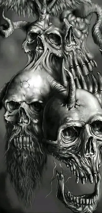 Dark gothic skull art with horns and intricate details in grayscale.