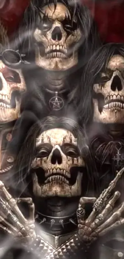 Dark gothic skull art with intricate eerie details and figures.