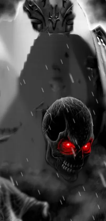 Dark skull with glowing red eyes in a gothic setting.