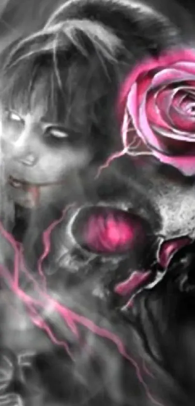 Gothic skull with pink rose on black background.