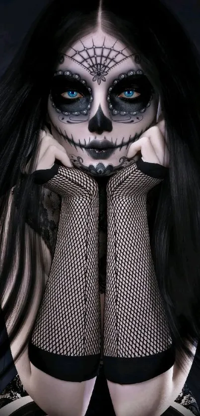 Gothic skull art with blue eyes and intricate black face paint.