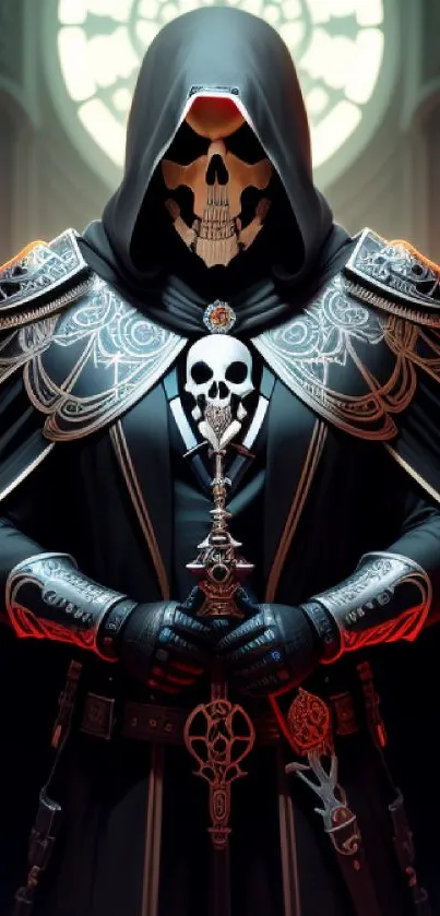 Dark gothic knight with skull and intricate details in dramatic lighting.