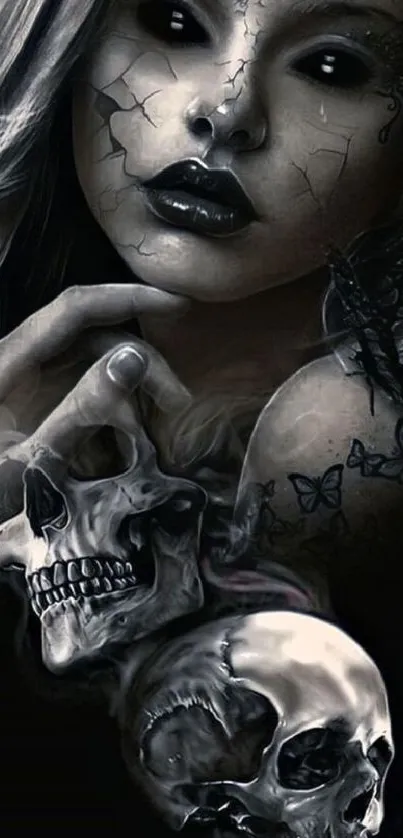 Dark gothic wallpaper with skulls and female figure.