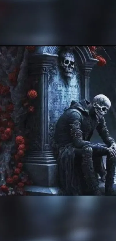 A dark gothic wallpaper with a skull and roses.