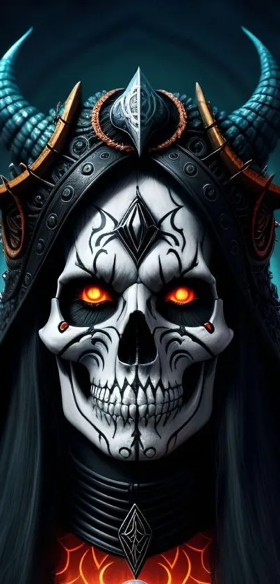 Gothic skull wallpaper with horns and glowing eyes.