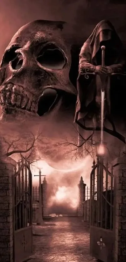 Gothic skull and cloaked figure in eerie sepia landscape.