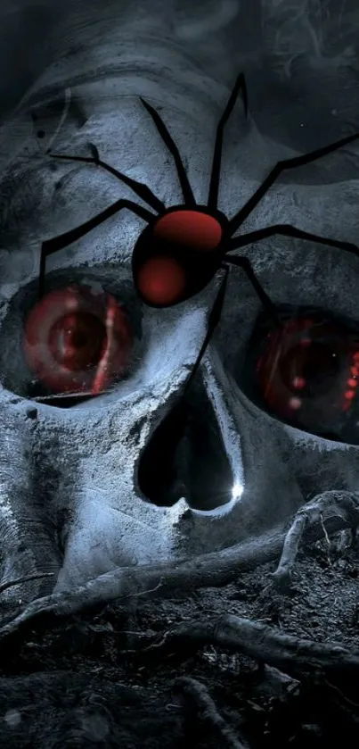 Gothic skull and red-eyed spider wallpaper with dark ambiance.