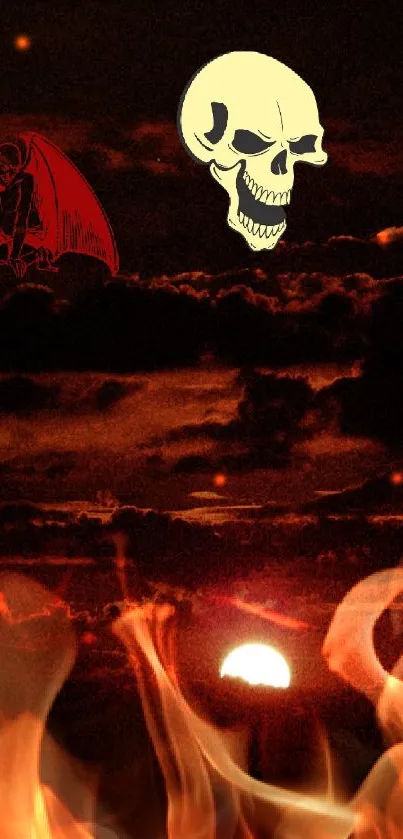 Gothic sunset with skull and demon art on a mobile wallpaper background.