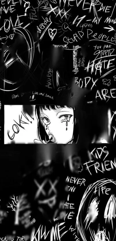 Dark themed graffiti art mobile wallpaper with bold doodles.