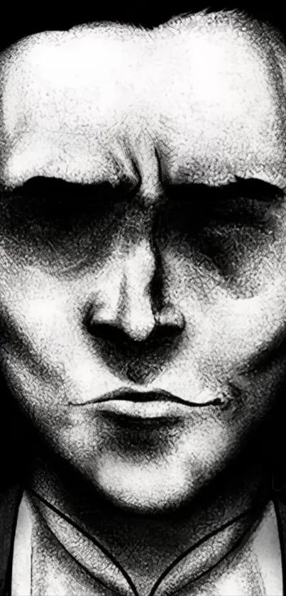 Detailed grayscale portrait with dark artistic tones.