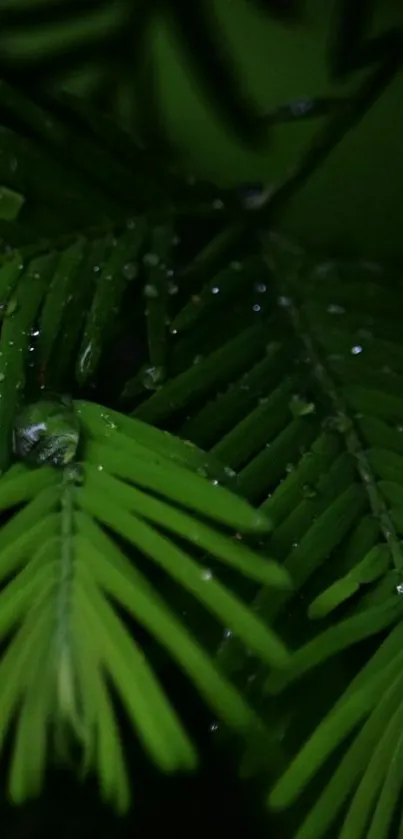 Dark green fern leaves with droplets in focus.