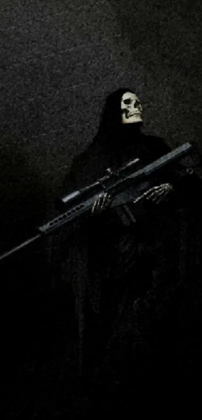 Grim Reaper holding a sniper rifle in dark artwork.