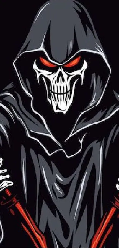 Grim Reaper artwork with red eyes and shrouded in a black hooded cloak.