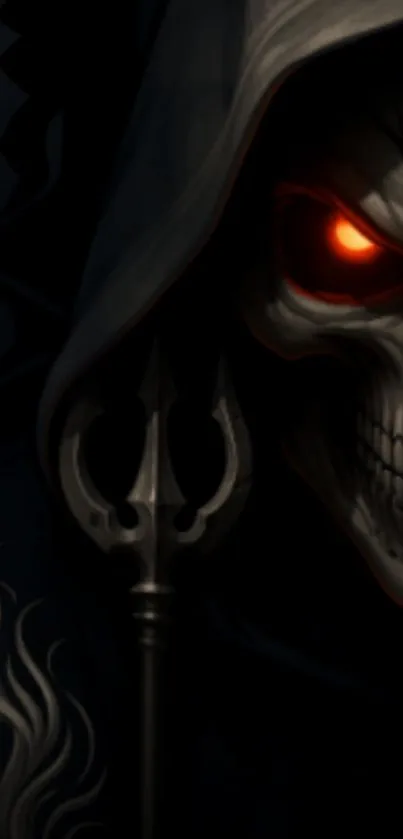 Grim reaper with glowing red eye in dark wallpaper.