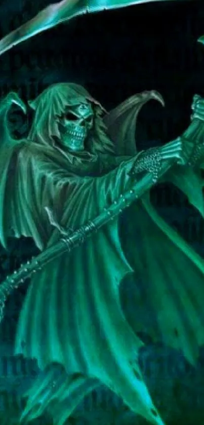 Grim Reaper with scythe on dark teal background.