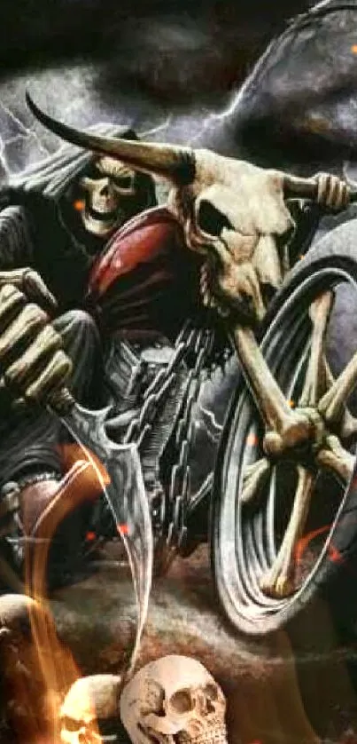 Grim Reaper rides motorcycle with skulls in dark wallpaper.