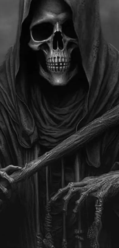 Dark Grim Reaper with skull in hooded cloak, holding a scythe.