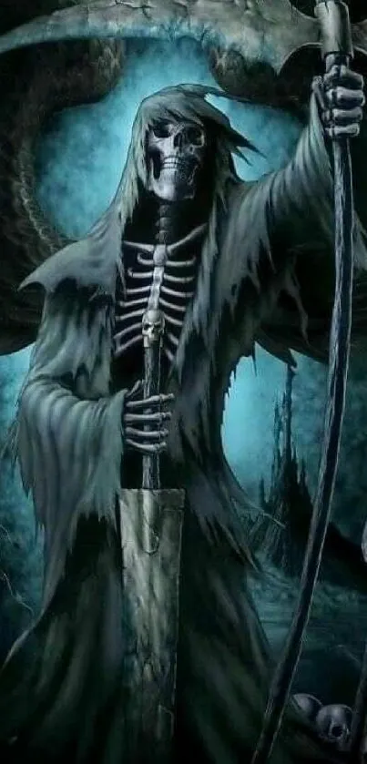 Dark Grim Reaper with scythe and skulls, gothic style wallpaper.