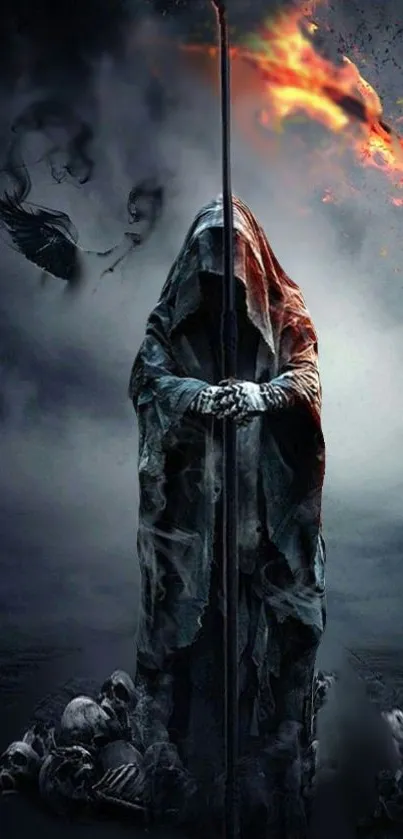 Gothic grim reaper with fire sky and dark tones, mobile wallpaper.