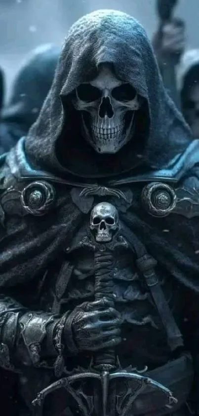 Dark hooded Grim Reaper with skulls and sword mobile wallpaper.