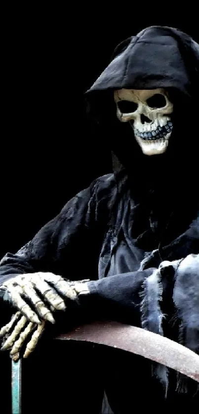 Grim Reaper in a dark hooded cloak, holding a scythe, against a black background.