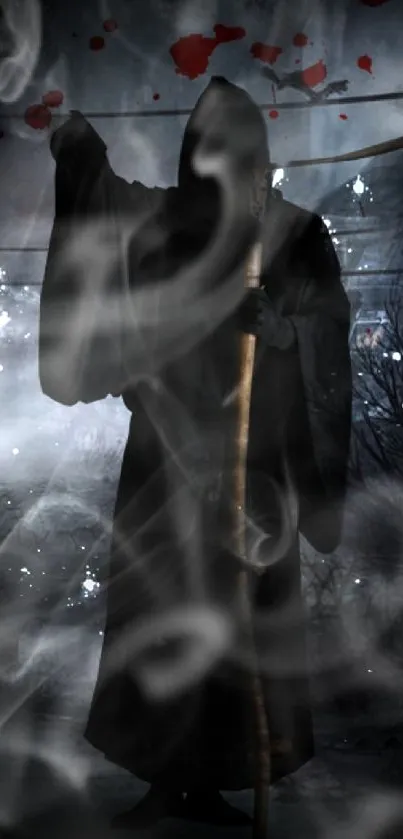 Eerie Grim Reaper silhouette in a dark, misty night scene for mobile wallpaper.