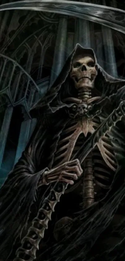 Dark Grim Reaper in gothic cathedral.