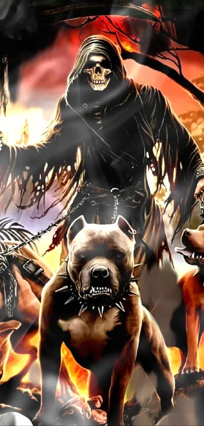 Grim Reaper with fierce dogs in fiery background wallpaper.