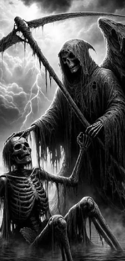 Gothic grim reaper with skeleton in a dark, moody setting.