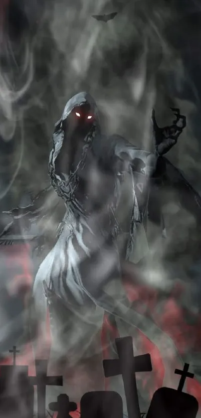 Dark grim reaper standing in mist with glowing eyes.