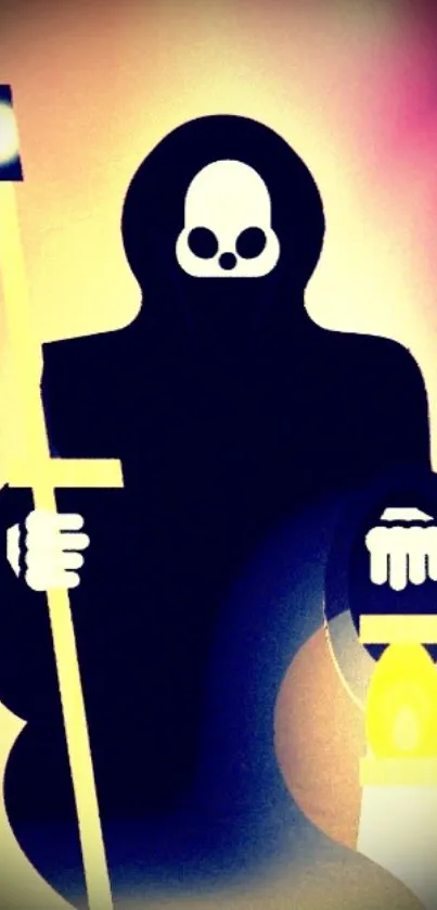 Illustrated grim reaper holding a lantern in dark tones.