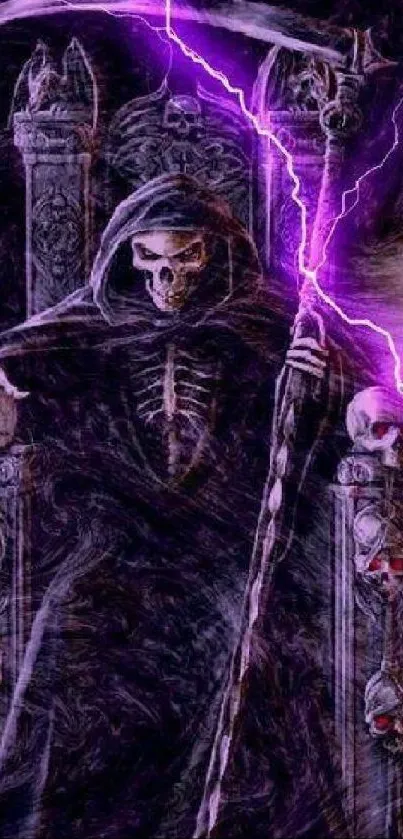 Grim reaper on throne with skulls and purple lightning.