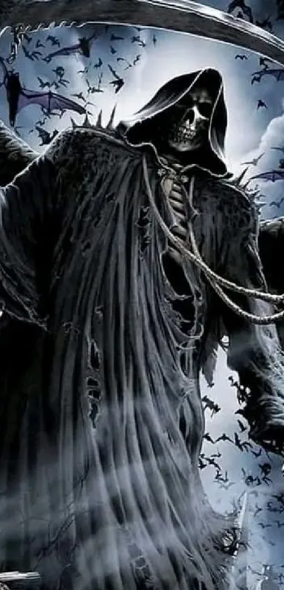 Grim Reaper in a dark, gothic themed wallpaper with bats and eerie atmosphere.