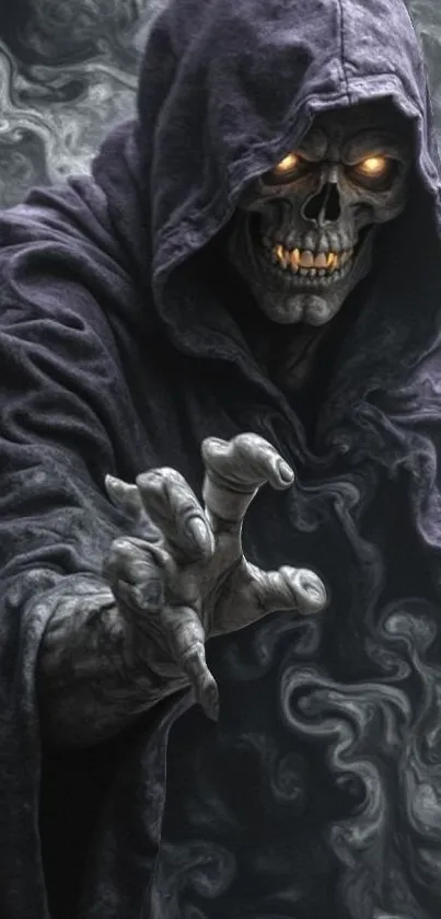 Hooded Grim Reaper with glowing eyes and smoke.