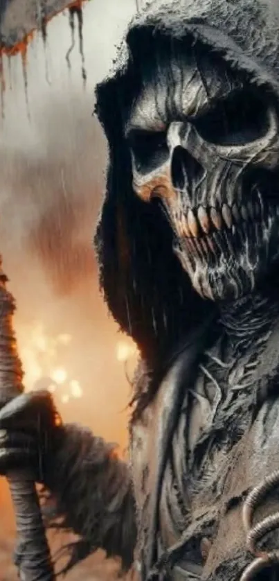Grim Reaper with fiery background holding a scythe.