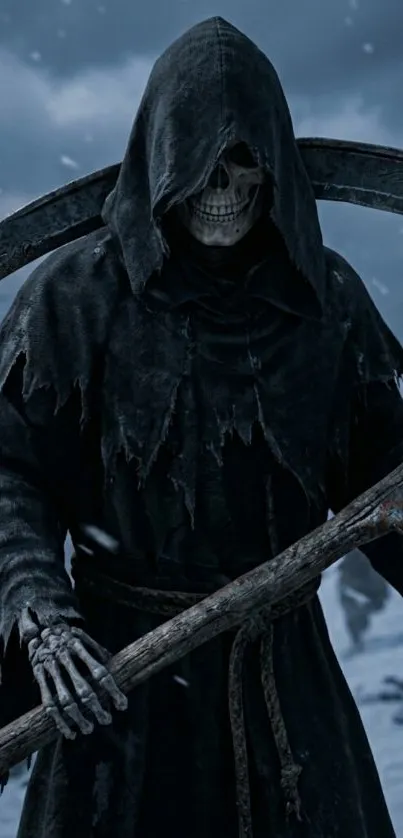 Grim Reaper in dark robes with snowy background.
