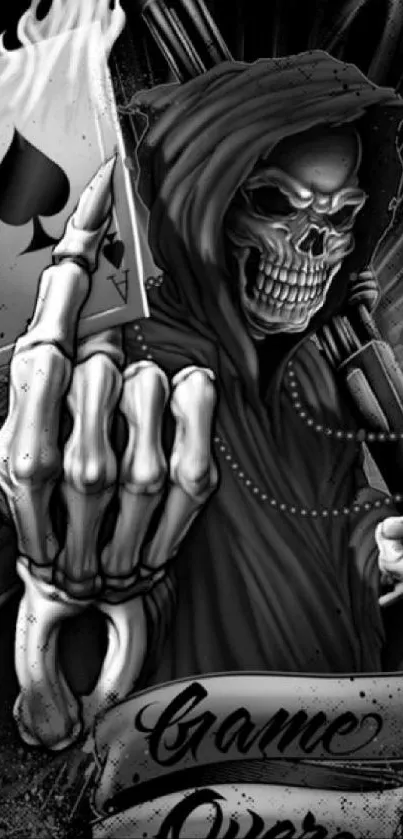 Grim Reaper with an ace of spades in a dark, gothic style wallpaper.