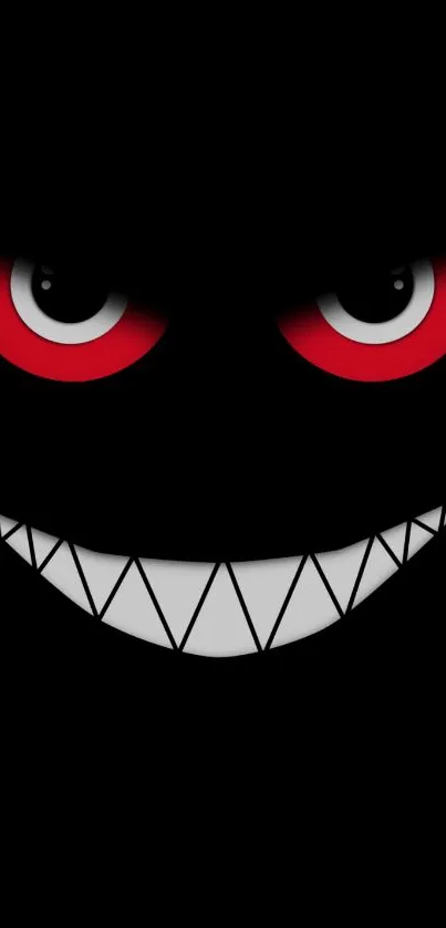 Sinister face with red eyes and a toothy grin on a dark background.